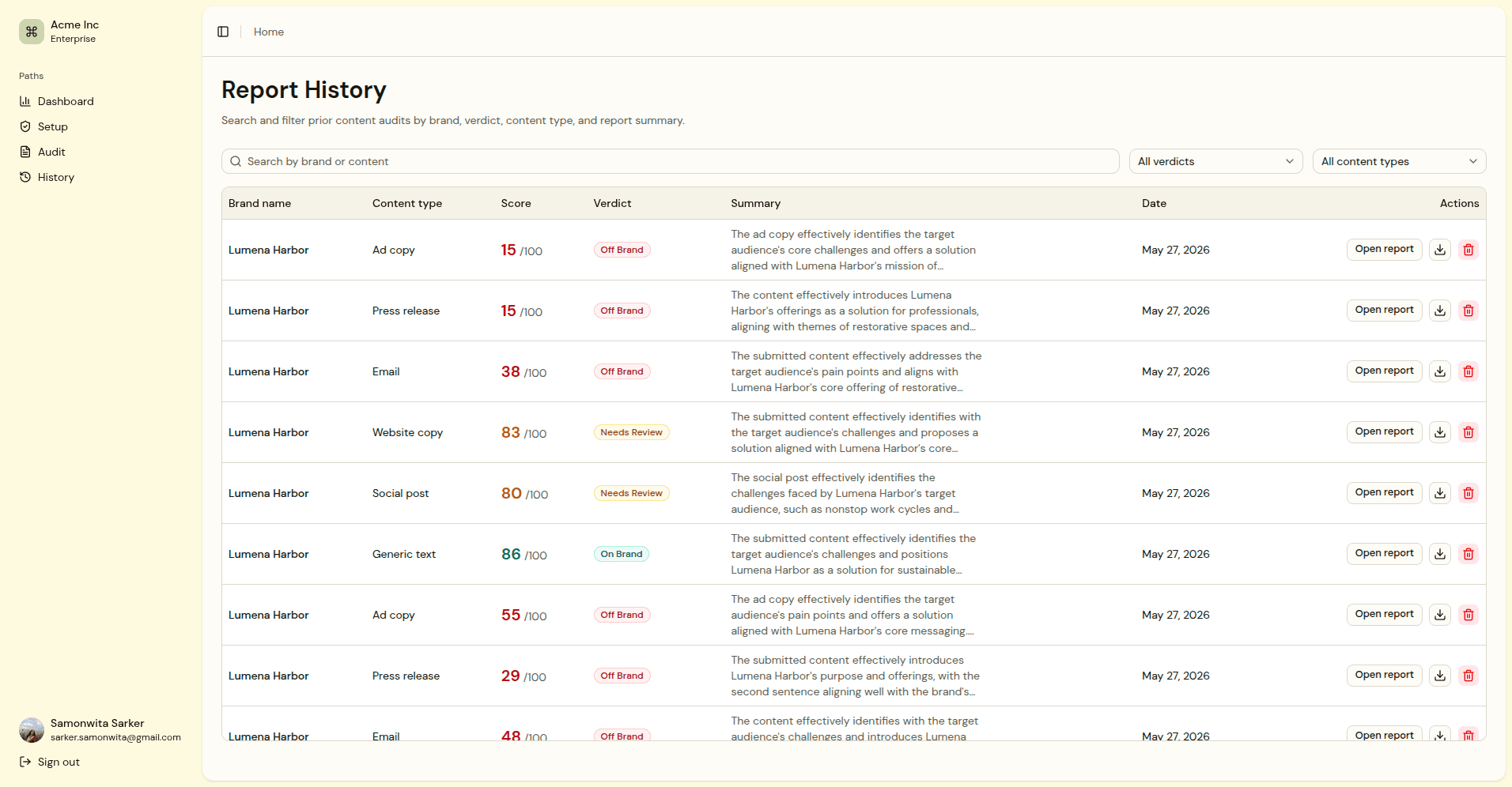 Narrative Guard report history showing saved reports and verdicts